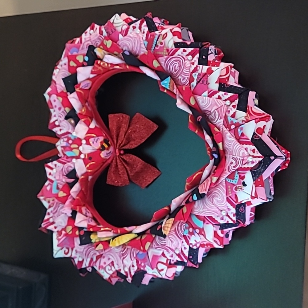 Handmade Fabric Valentines Heart Shaped Wreath